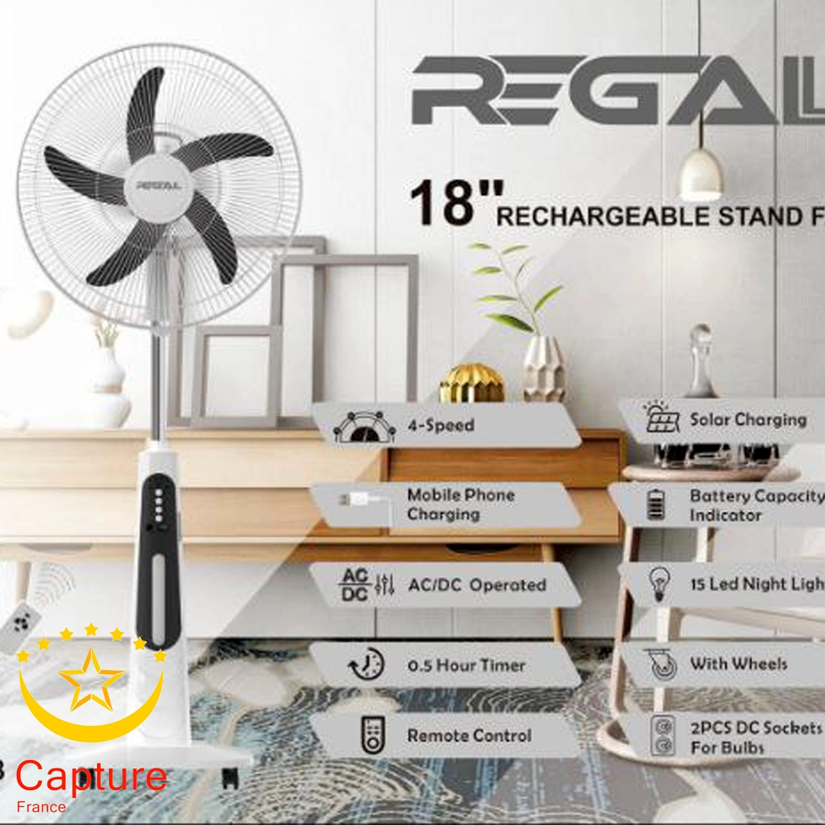 پنکه ایستاده شارژی رگال 18 اینچ | خنکای پایدار با طراحی مدرن