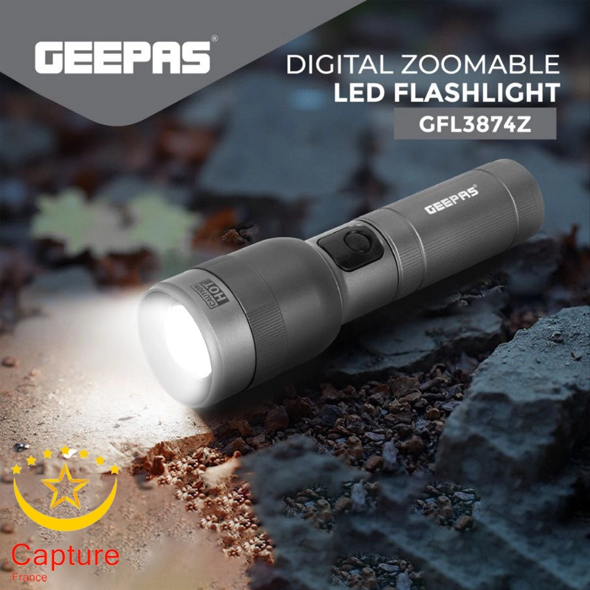 چراغ قوه شارژی Geepas GFL3874Z – نور قدرتمند با زوم دیجیتال و باتری ۱۰٬۰۰۰ میلی‌آمپر