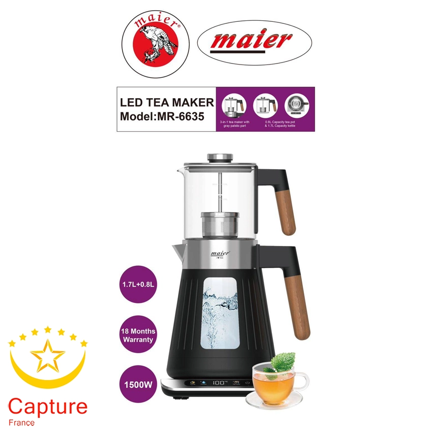 چای ساز مایر مدل MR-6635 | چای‌ساز بدون سیم ۱.۷ لیتری با بدنه استیل ضد زنگ، قوری ۰.۵ لیتری و سیستم قطع خودکار